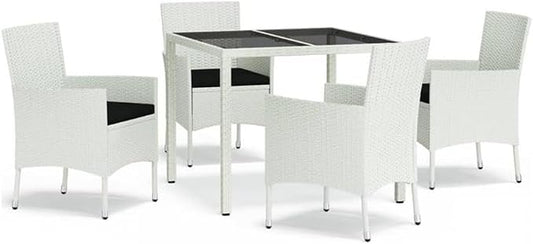 Afuera Living 5-Piece Patio Dining Set, White Poly Rattan, Powder-Coated Steel, Adjustable Armrests, Cushioned Seats, Modern Indoor/Outdoor Table and Chairs, Garden, Terrace or Balcony Use