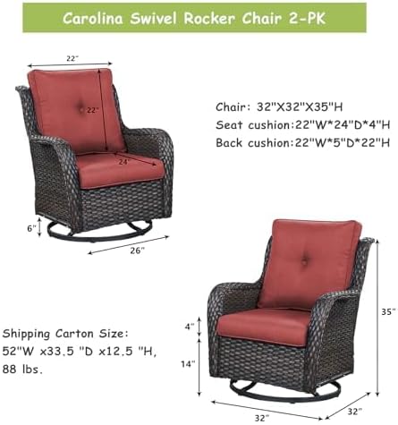 Rilyson Patio Chairs Wicker Outdoor Chair - 4 Piece Rattan Swivel Rocking Chairs Set Patio Glider Rocker Chair for Porch Deck Garden Backyard(Brown/Red)