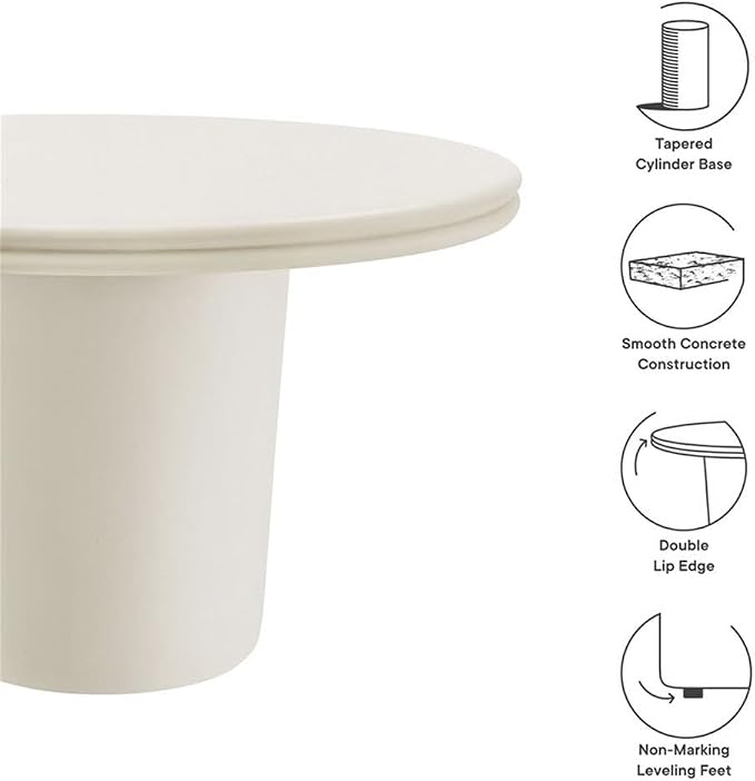 Pemberly Row Concrete Round Top Dining Table, 48 Inch White Finish, Contemporary Indoor Outdoor Design, Double Lip Edging, Cylindrical Base, Seats 2-4, Patio or Dining Room Table for Modern Spaces
