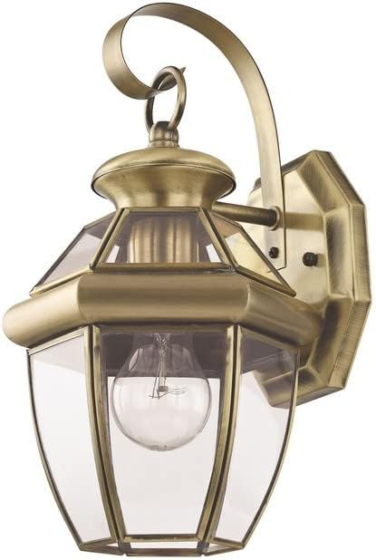 Livex Lighting 2051-01 Monterey 1 Light Outdoor Antique Brass Finish Solid Brass Wall Lantern with Clear Beveled Glass | Clear Beveled Glass; Solid brass construction