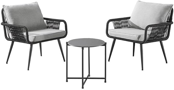 Andover All-Weather Outdoor Set, Two Rope Chairs, Light Gray Cushions, Poly Fiber Stone-Look Cocktail Table, 27 in. W x 27 in. D x 29 in. H Chairs, 18 in. W x 18 in. D x 18 in. H Table