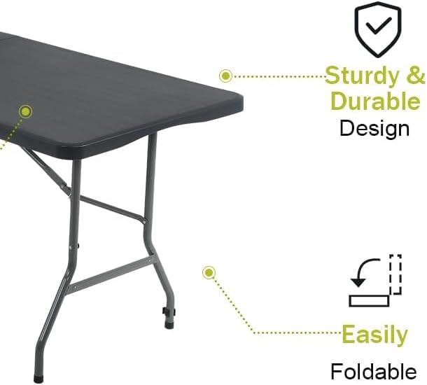 Portable Folding Table 6ft Heavy Duty Plastic Foldable Table with Carrying Handle Outdoor Indoor Plastic Dining Table for Camping and Party Picnic, Black