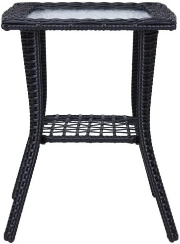 Outdoor Wicker Side Table, Rattan End with Glass Top, Patio Coffee Bistro for Indoor Garden Porch Balcony (Black)