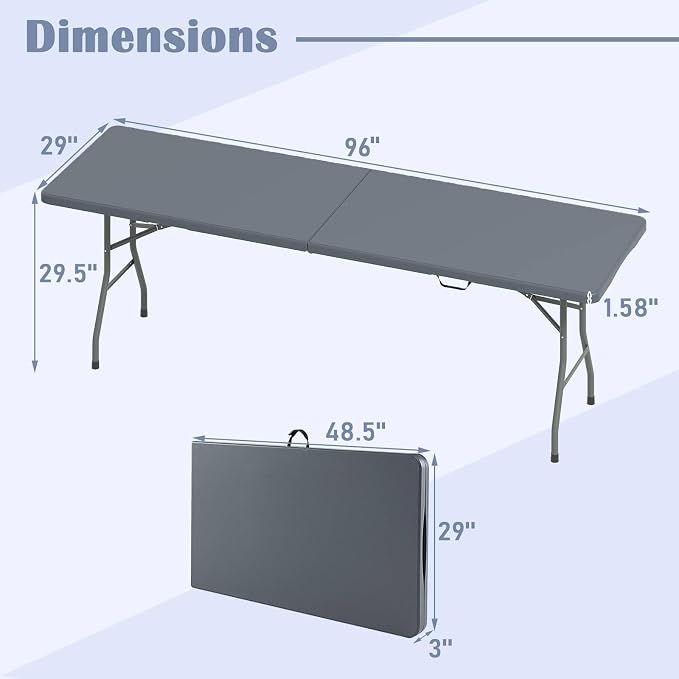 Tangkula 8 FT Folding Table, Indoor Outdoor Foldable Plastic Table with HDPE Tabletop, Sturdy Metal Fame, Carrying Handle, Heavy Duty Portable Fold-in-Half Picnic Table for Camping BBQ Party