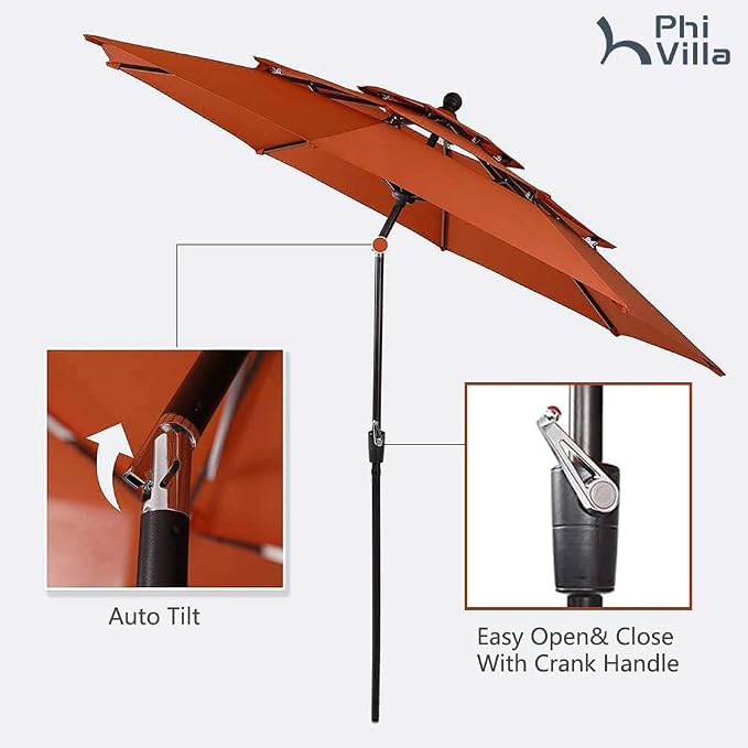PHI VILLA 5 Pcs Outdoor Dining Set with 10ft Umbrella | 37" Square Metal Dining Table & 4 Stacking Metal Chair with 3 Tier Red Umbrella for Patio, Deck, Yard, Porch