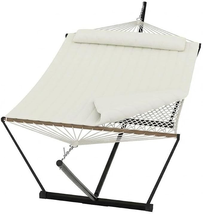12 ft Double Hammock with Stand, Portable 2 Person Outdoor Hammock with Stand for Patio, Backyard, Garden, Heavy Duty Hammock with Soft Pillow & Balance Ropes, Folding Hammock, Beige