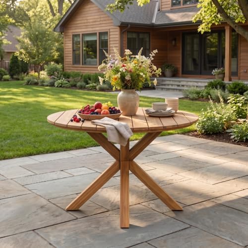 44.5 Inch Round Outdoor Dining Table, Premium Acacia Wood Patio Table, with X-Shaped Base, Slatted Wooden Table, for Garden, Backyard, Balcony and Indoor Use, Natural Wood Finish