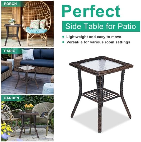 Outdoor Wicker Side Table, Rattan End with Glass Top, Patio Coffee Bistro for Indoor Garden Porch Balcony (Brown)