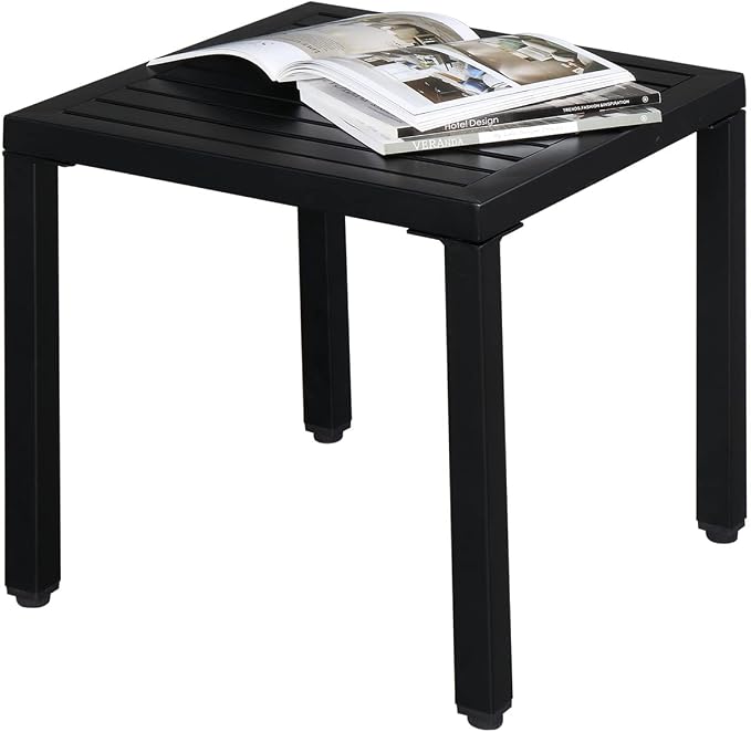 Metal Patio Side Table, Square Small Coffee Tea Bistro Table for Indoor Outdoor, Garden Accent Sofa End Adjustable Outdoor Furniture, Black