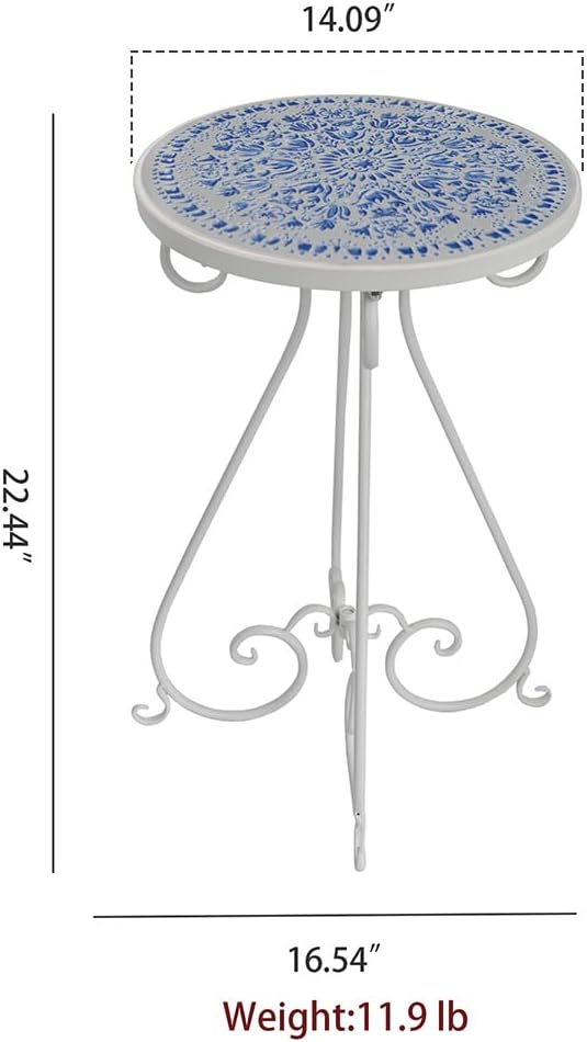 Vintage Outdoor Side Table Round Mosaic Ceramic Tile Top 14" Diameter Metal Plant Stand for Flower Pots Vase Garden Home Porch Pool Indoor Decor Weather Resistant Outside Patio Accent End Furniture