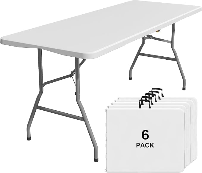 6PK Folding Table, 6FT Portable Plastic Folding Table, Foldable Dining Tables with Carrying Handle for Party, Picnic, Camping, Easy to Fold and Storage, for Indoor or Outdoor Use
