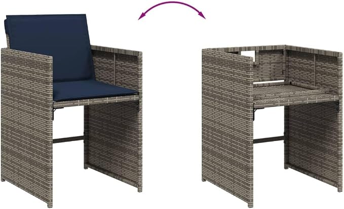 13 Piece Garden Dining Set with Cushions Grey Poly Rattan Outdoor Patio Furniture Table and 12 Chairs with Foldable Backrest Navy Blue Seat Cushion Acacia Wood Top UV Resistant 110 kg Capacity