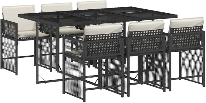 7-Piece Black PE Rattan Patio Dining Set with 65" Table | Features 6 cushioned chairs and a tempered glass top with a space-saving cube design for easy backyard storage.