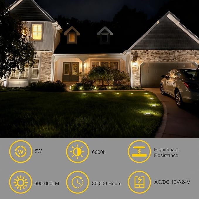 JESLED Outdoor Landscape Lights, Low Voltage In Ground Well Lights, 6 Pack | 3000K Warm White, 6W LED, 12V/24V, IP67 Waterproof, 5-Ton Pressure Resistant & 90° Beam for Driveway Decks Step Garden
