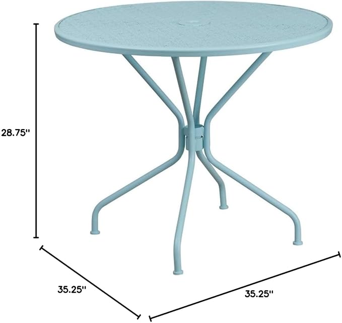 Afuera Living 35.25" Round Steel Patio Dining Table, Sky Blue Powder Coat Finish, Rain Flower Print Top with Umbrella Hole, All-Weather Indoor or Outdoor Bistro or Home Use
