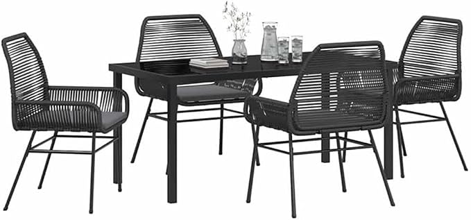 Afuera Living 5 Piece Poly Rattan Patio Dining Set, Black Finish, Tempered Glass Table, Cushioned Seats, Powder-Coated Steel Frame, UV-Resistant, Modern Outdoor Furniture for Garden or Patio