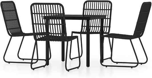 5 Piece Garden Dining Set with Black PE Rattan and Glass Top, Modern Outdoor Patio Dining Table and 4 Chairs, Compact 31.5 x 31.5 x 29.1 in. Table for Small Spaces