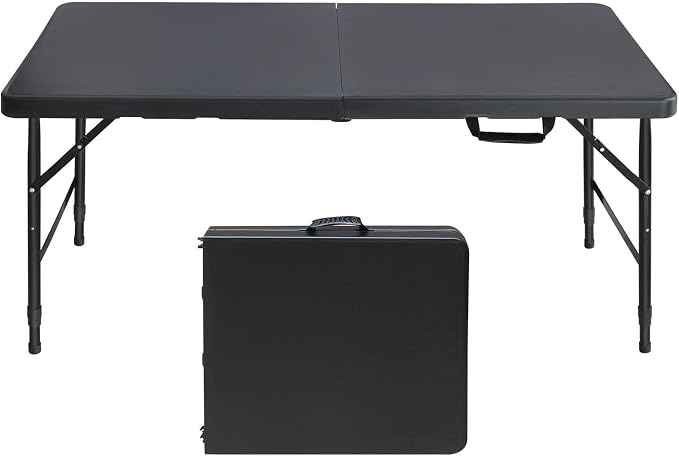 Anwick 4 Foot Folding Table Portable Fold-in-Half Plastic Picnic Table w/Handle and Steel Legs for Indoor, Outdoor, Camping, Party, Garden (Black, 4ft)