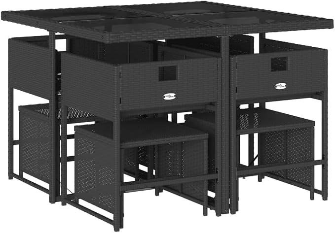 9 Piece Garden Dining Set, 8 Seater Outdoor Patio Furniture, Collapsible PE Rattan Table and Chairs with Cushions, Black