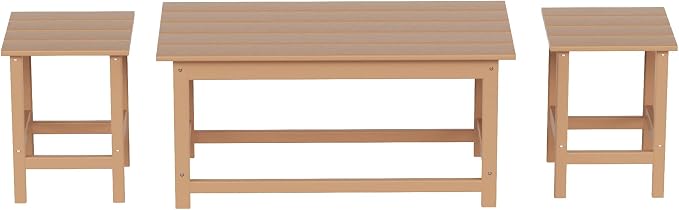 WO Home Furniture HDPE 2pcs Side and 1pc Coffee Table for Adirondack Chair, Weather and UV Resistant for Outdoor, Patio, Backyard, Porch, Garden, Teak