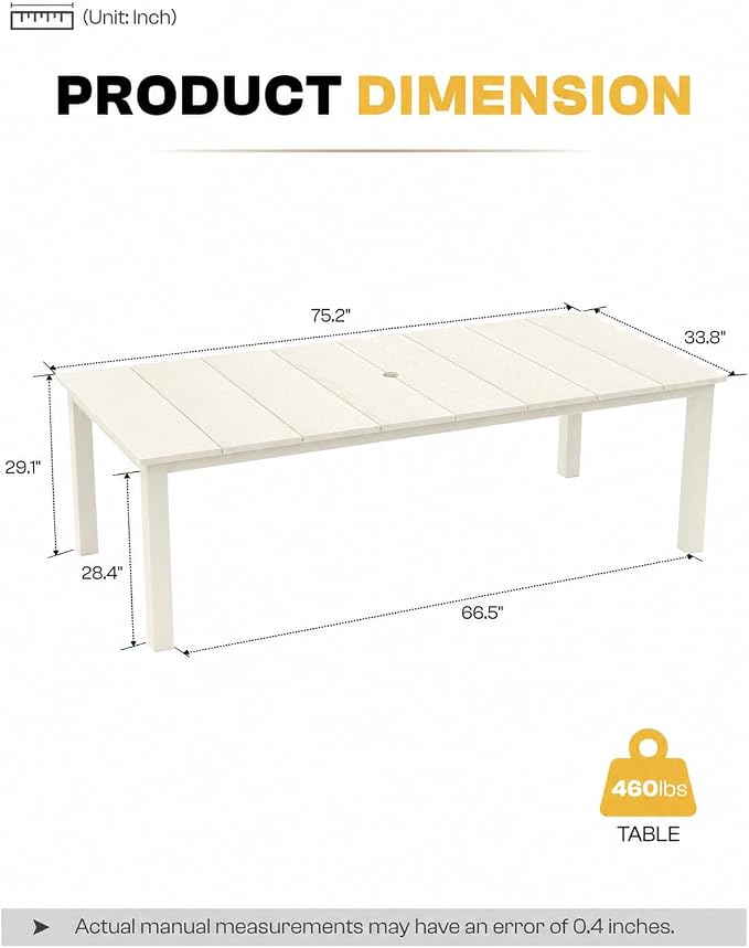 75.2" Outdoor Dining Table for 4-6 People, Patio Dining Outdoor Table with Umbrella Hole, All Weather Patio Table for Backyard, Deck and Garden, White