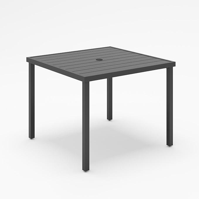 LAUSAINT HOME Outdoor Dining Table for 4, Square Table with Umbrella Hole, Weather Resistant Heavy Duty Metal Frame Table for Lawn Garden Backyard, L37 xW37 xH29