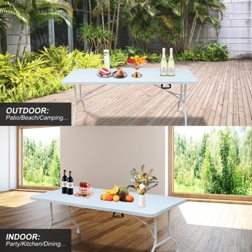 Garvee 6 Foot Plastic Folding Table Portable Long Table for Indoor Outdoor Use Rectangular with Carrying Handle for Party Events, White