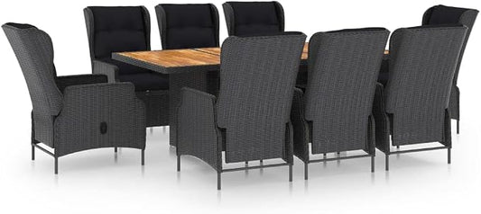 9 Piece Patio Dining Set with Cushions Poly Rattan Dark Gray | Powder-Coated Steel Frame, Solid Wood Tabletop, Adjustable Backrest, Easy to Clean