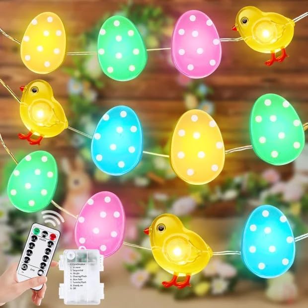 Easter Fairy Lights Battery Operated, 10FT 30 LED Chicken Egg String Lights | Remote Control, 8 Modes, Timer, Adjustable brightness, Waterproof Lights for Indoor Outdoor Classroom Christmas Decor