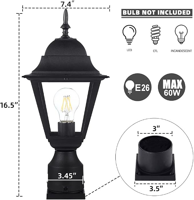Windben Outdoor Post Light, Waterproof, 16.5in, Matte Black | Cast Aluminum Anti-Rust, Tempered Glass Panels, Comes with Pier Mount Base, For Garden, Yard, Driveway