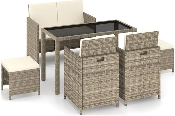 Afuera Living 6-Piece Synthetic Poly Rattan Outdoor Patio Dining Set, Beige/Cream Finish, Weather-Resistant PE Rattan with Cushions, Modern Style for Garden or Terrace, Seats Up to 6 People