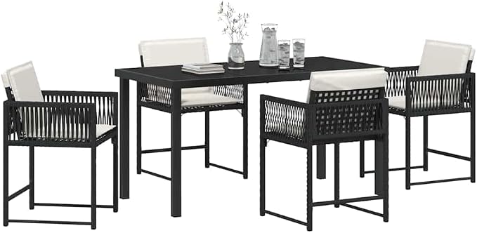 5 Piece Outdoor Dining Set, Black Poly Rattan Patio Table and 4 Chairs, Modern Garden Furniture for Backyard Deck Balcony