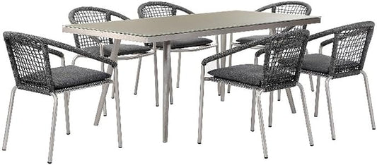 BOWERY HILL 7 Piece Outdoor Dining Set, Slate Gray Rope and Aluminum, Rectangular Table 73x36 in, Stackable Chairs with Fade Resistant Cushions, Contemporary Patio, Backyard, Poolside Dining