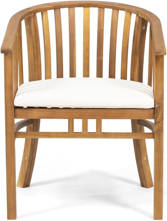 Merax Outdoor Dining Table Set for 6, Acacia Wood 68.5" Rectangle Table with Slat Tabletop + 6 Armchairs with Curved Back & Armrest & Water-Resistant Cushions, Patio Dining Set, Teak Finish