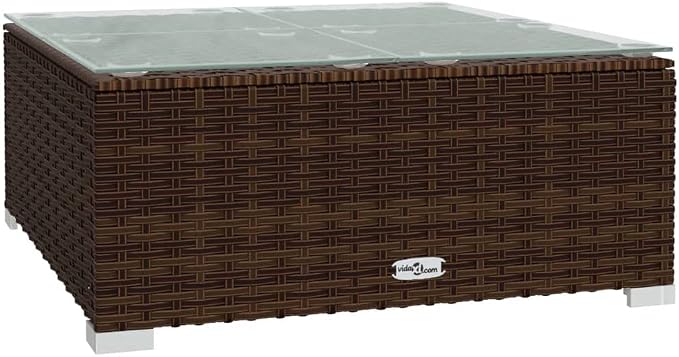 Square Garden Coffee Table 23.6x23.6x11.8 in Brown PE Rattan & Tempered Glass Top Modern Outdoor Side Table Lightweight Patio Accent for Balcony Living Room and Sunroom