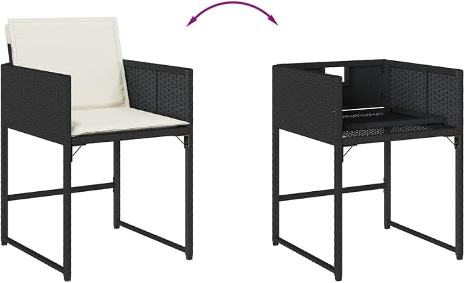 7 Piece Patio Dining Set with Cushions Black Poly Rattan Outdoor Furniture for Garden Backyard Deck Tempered Glass Table Foldable Chairs Cream White Cushions