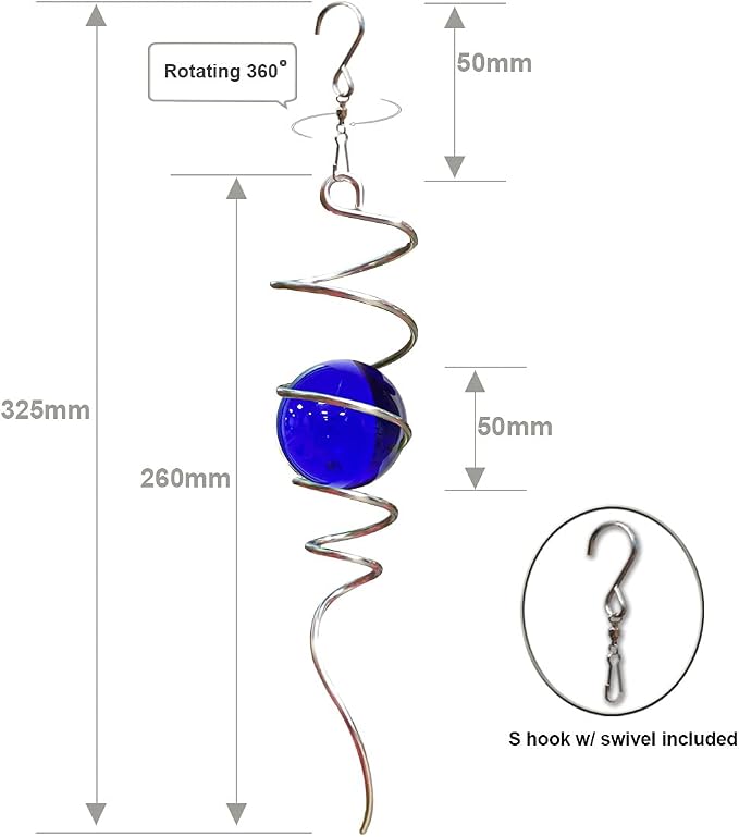 FONMY Gazing Ball Spiral Tail -Decorative Wind Spinner 11" inch Tail and 2" inch Blue Glass Orb. Indoor Outdoor Garden Decoration -13 inch Height