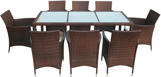9 Piece Patio Dining Set with Cushions Poly Rattan Brown Outdoor Table and 8 Chairs Glass Top Aluminum Frame Weatherproof for Garden Deck Backyard Entertainment