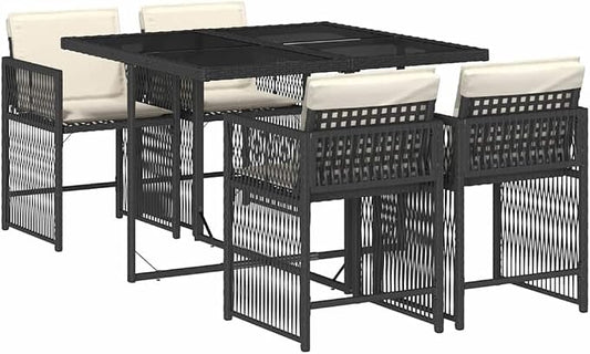 5 Piece Garden Dining Set with Rectangular Table and 4 High-Back Chairs, Foldable Stackable Patio Set with Cushions, Black Poly Rattan and Tempered Glass