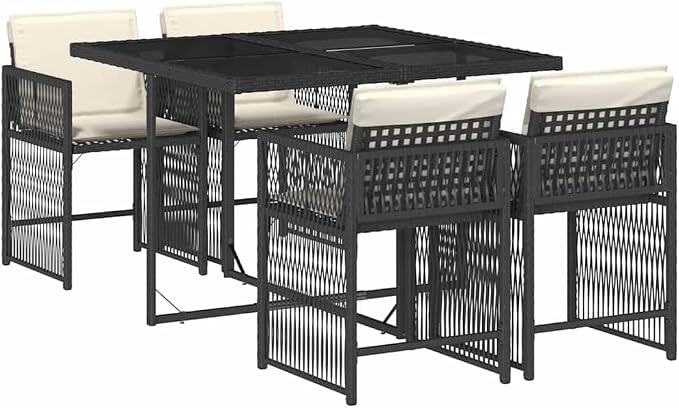5-Piece Garden Dining Set with Rectangular Patio Dining Table and 4 High-Back Chairs with Cushions, Black Poly Rattan and Tempered Glass Outdoor Set