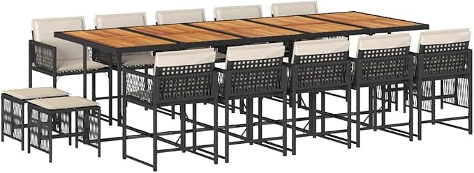 14-Seater Garden Dining Set with Solid Acacia Wood, Synthetic Poly Rattan, and Powder-Coated Steel, Black and Brown Rectangular Outdoor Dining Set for Patio, Garden, or Balcony,