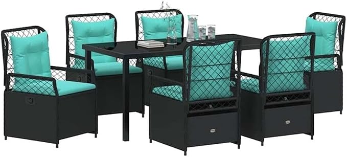 Afuera Living 7 Piece Patio Dining Set, Poly Rattan and Steel, Black, Glass Tabletop, Foam-Padded Chairs, Weather-Resistant, Modern Design for Garden, Terrace, Outdoor Dining and Relaxation