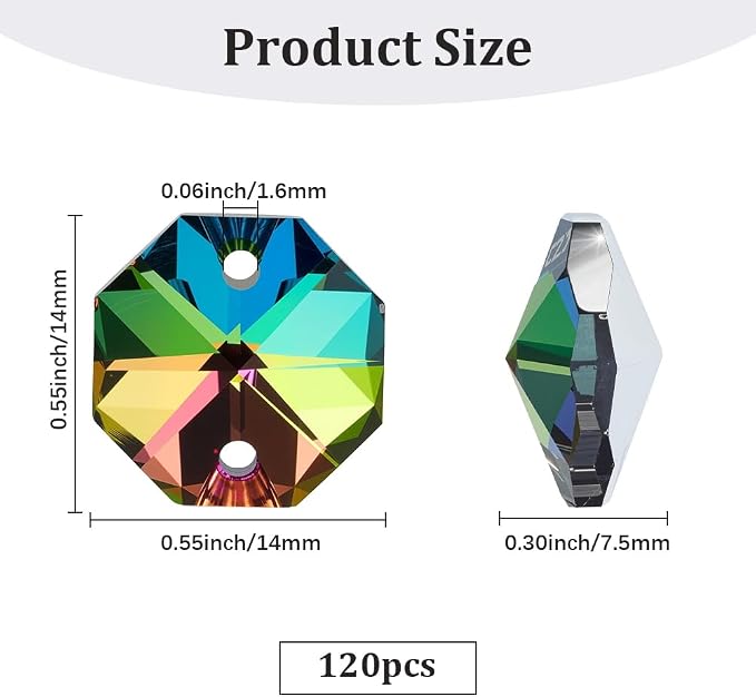 120Pcs Colorful 14mm Octagonal Crystal Beads 2 Holes Glass Octagon Prism Beads AB Color Crystal Chandelier Parts Replacement Suncatcher Faceted Spacers for DIY Lamp Hanging Pendant Jewelry