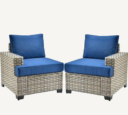 HOOOWOOO Outdoor Sectional Patio Furniture Set,2 Pieces Single Arm Wicker Chairs,Extra Deep Out Door Sofa Outside Furniture,Navy Blue