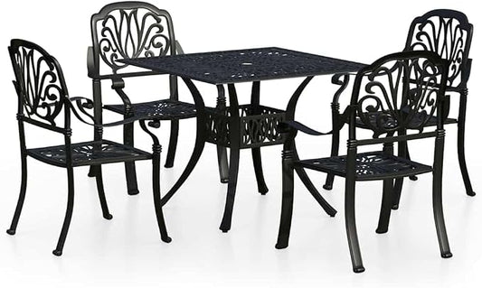 5 Piece Bistro Set Cast Aluminum Black | Weather-Proof, Umbrella Hole, Patio Dining, Sturdy and Durable