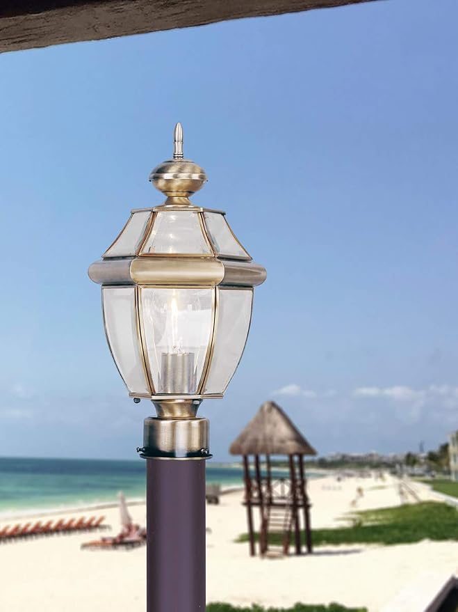 Livex Lighting 2153-01 Post Light Fixture, Antique Brass | Clear Beveled Glass Shades