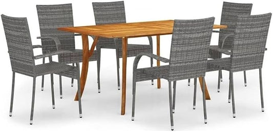 Afuera Living 7-Piece Solid Acacia Wood Patio Dining Set, Gray PE Rattan Stackable Chairs, Oiled Finish, Outdoor-Only, Contemporary Design for Garden, Terrace, Balcony, Seats 6