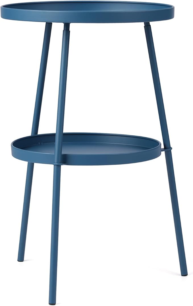 2 Tier Patio Side End Table, Round Metal Lawn Bistro Portable Leisure Standing Coffee Table, Outdoor or Indoor Tray for Living Room Bedroom Balcony Poolside and Office (Navy Blue)