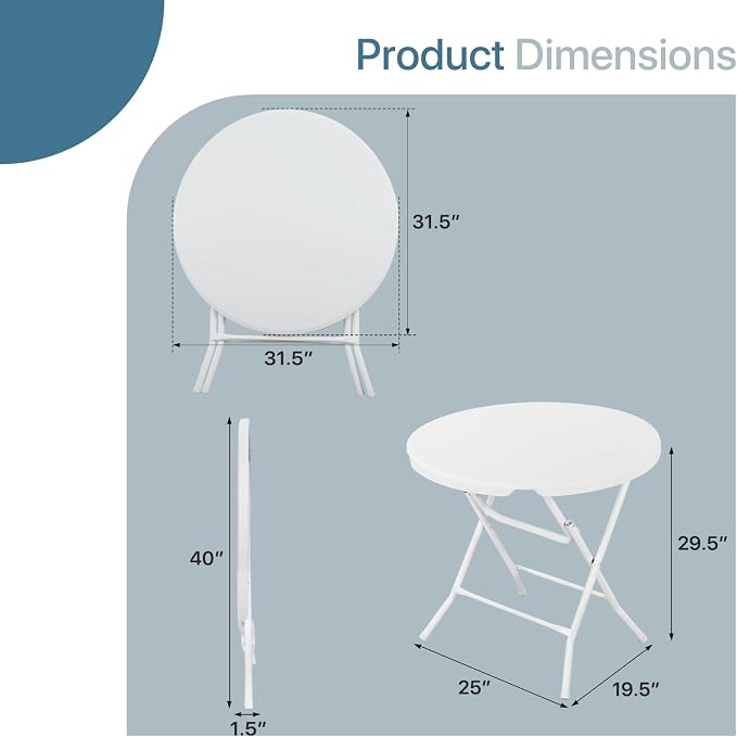 31" Round Folding Commercial Banquet Table Foldable Plastic Card Outdoor Utility Tables for Party Wedding Event, White