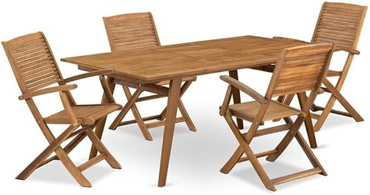 Pemberly Row 5-Piece Patio Dining Set, Natural Oil Finish, Rectangular Table and 4 Foldable Chairs, Lightweight and Compact Outdoor Furniture, Contemporary Style for Garden or Patio